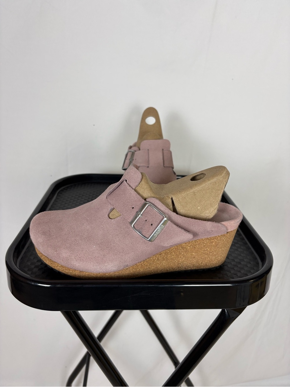 Papillio by Birkenstock Dusty Pink Suede Wedge Clogs with Silver Buckle